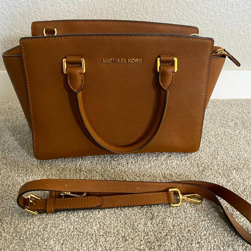 Michael Kors Brown Saffiano Leather Crossbody Satchel with Gold Hardware